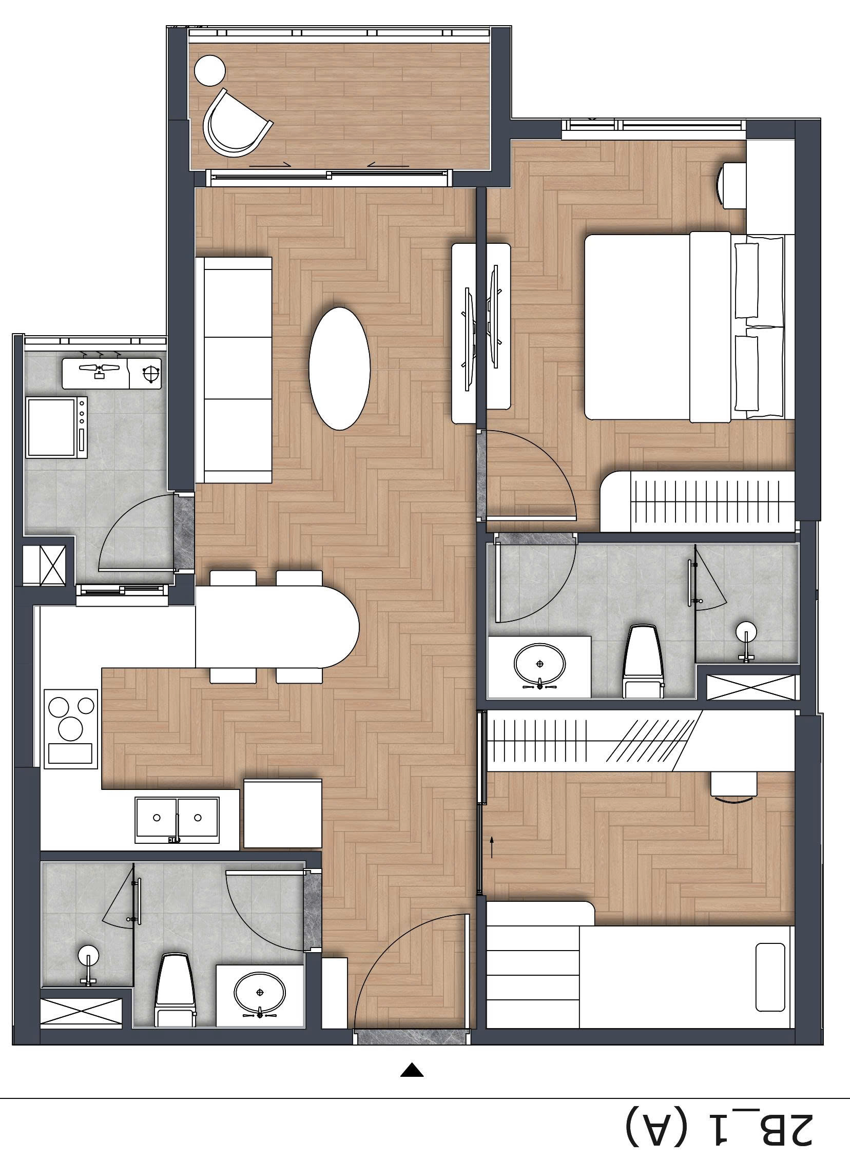 Layout thiết kế căn hộ 2PN+1 Green Skyline với không gian đa năng