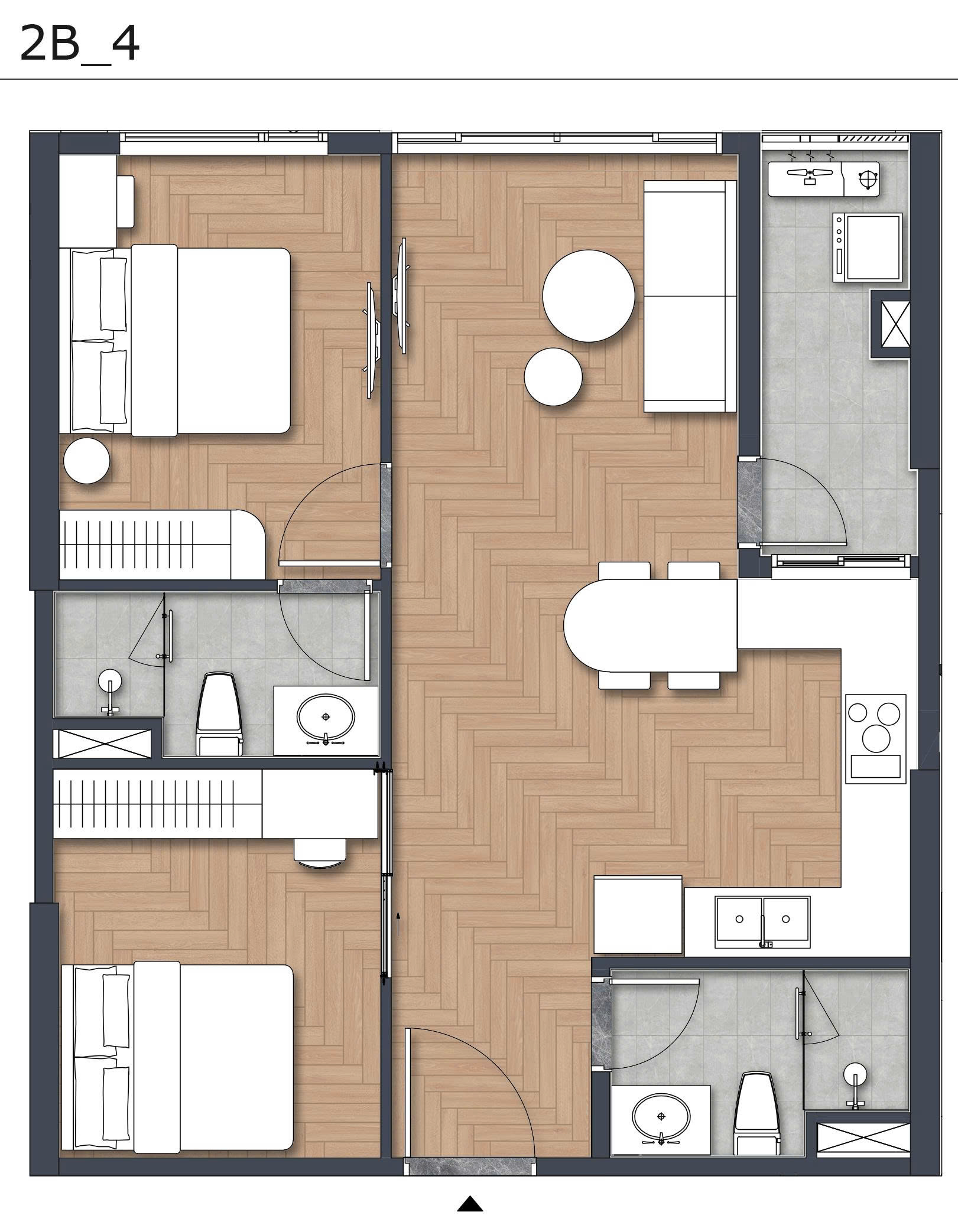 Layout thiết kế căn hộ 2PN+1 Green Skyline với không gian đa năng