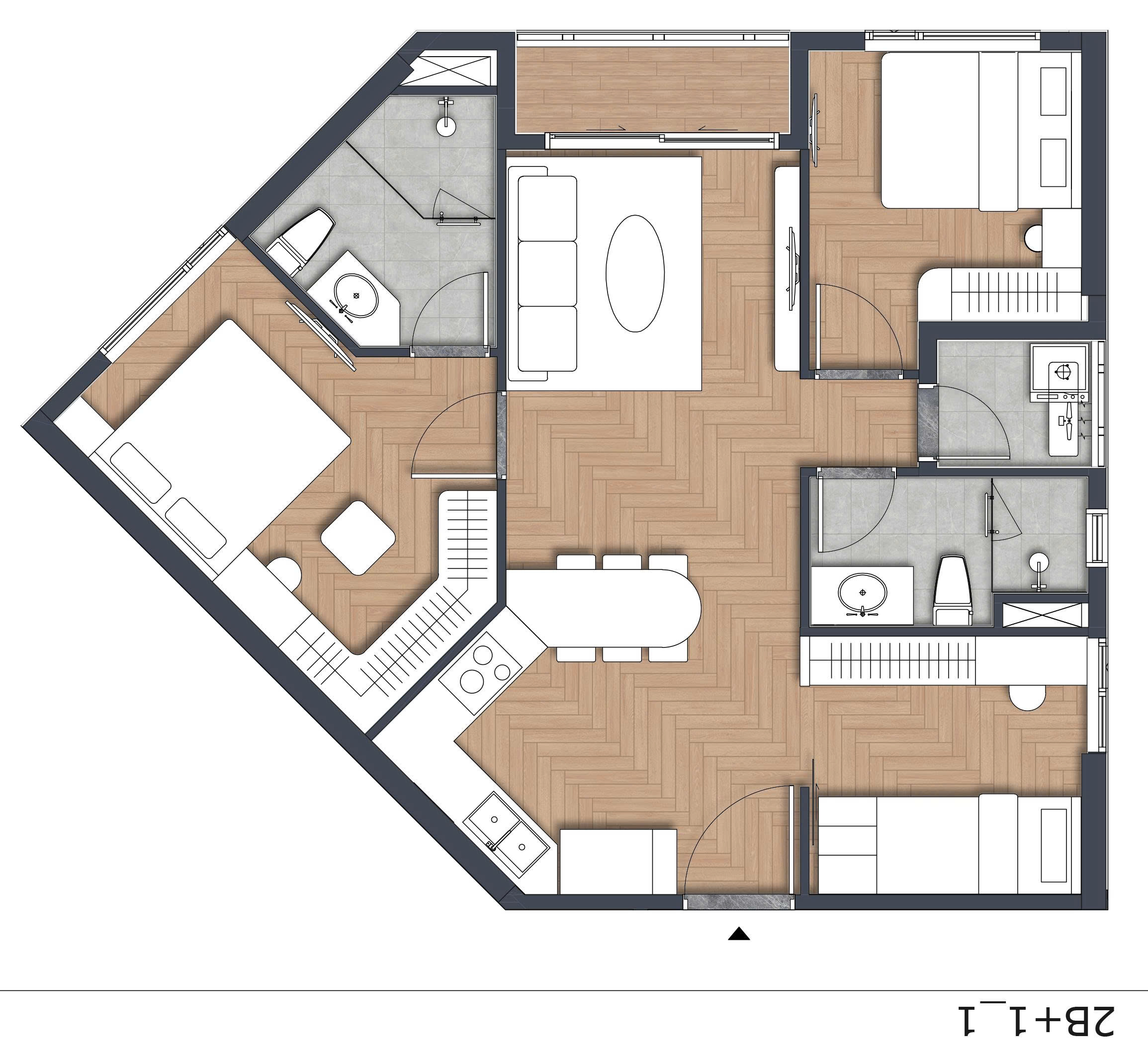 Bản vẽ layout 3D căn hộ 2 phòng ngủ dự án Green Skyline TBS Land