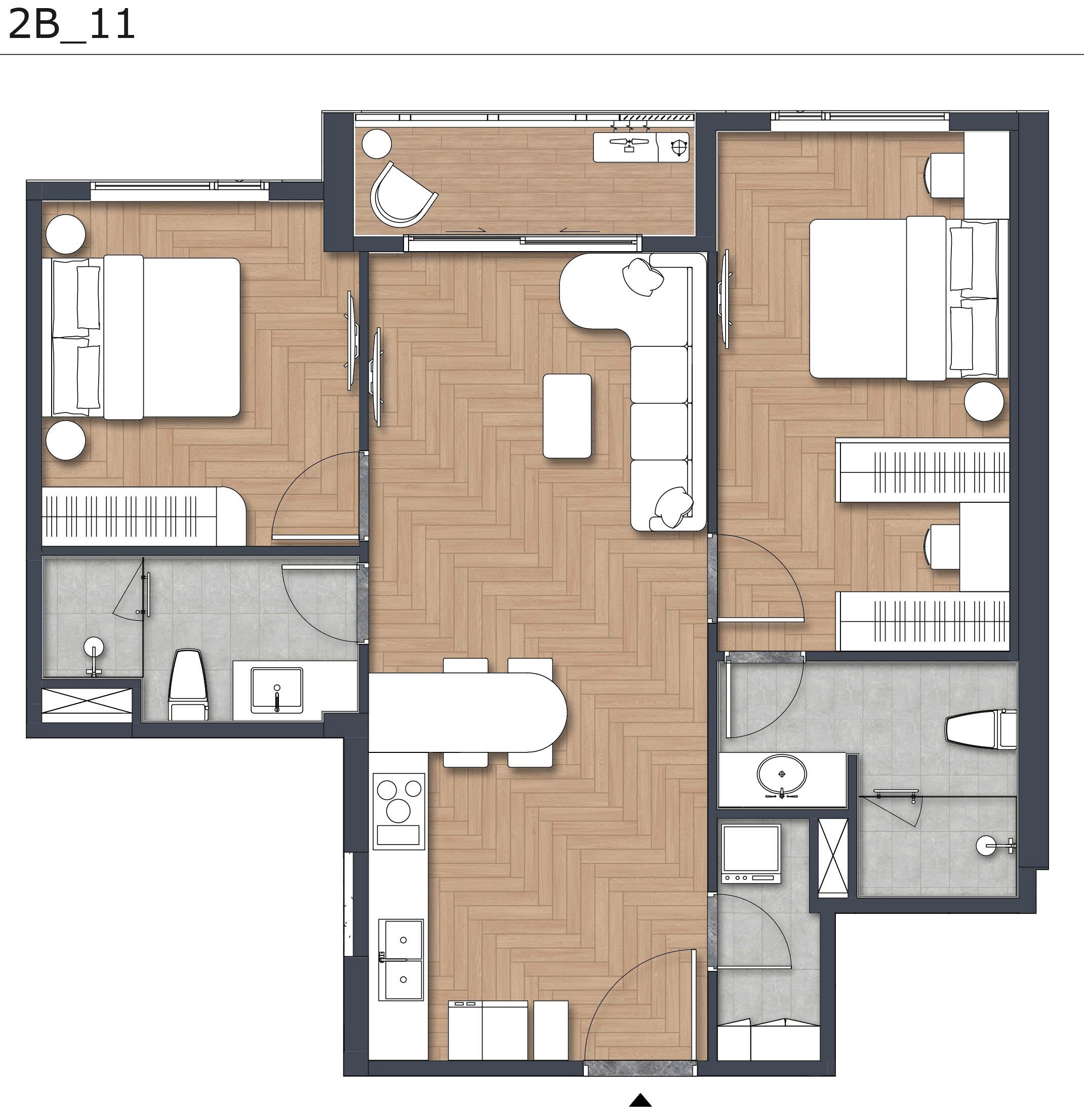 Layout thiết kế căn hộ 2PN+1 Green Skyline với không gian đa năng