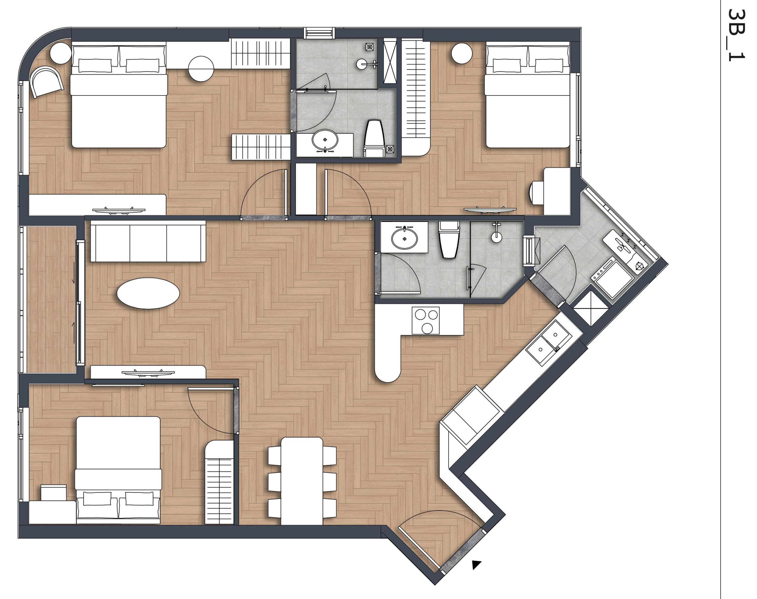 Sơ đồ bố trí layout căn hộ 3PN Green Skyline diện tích lớn 100m2