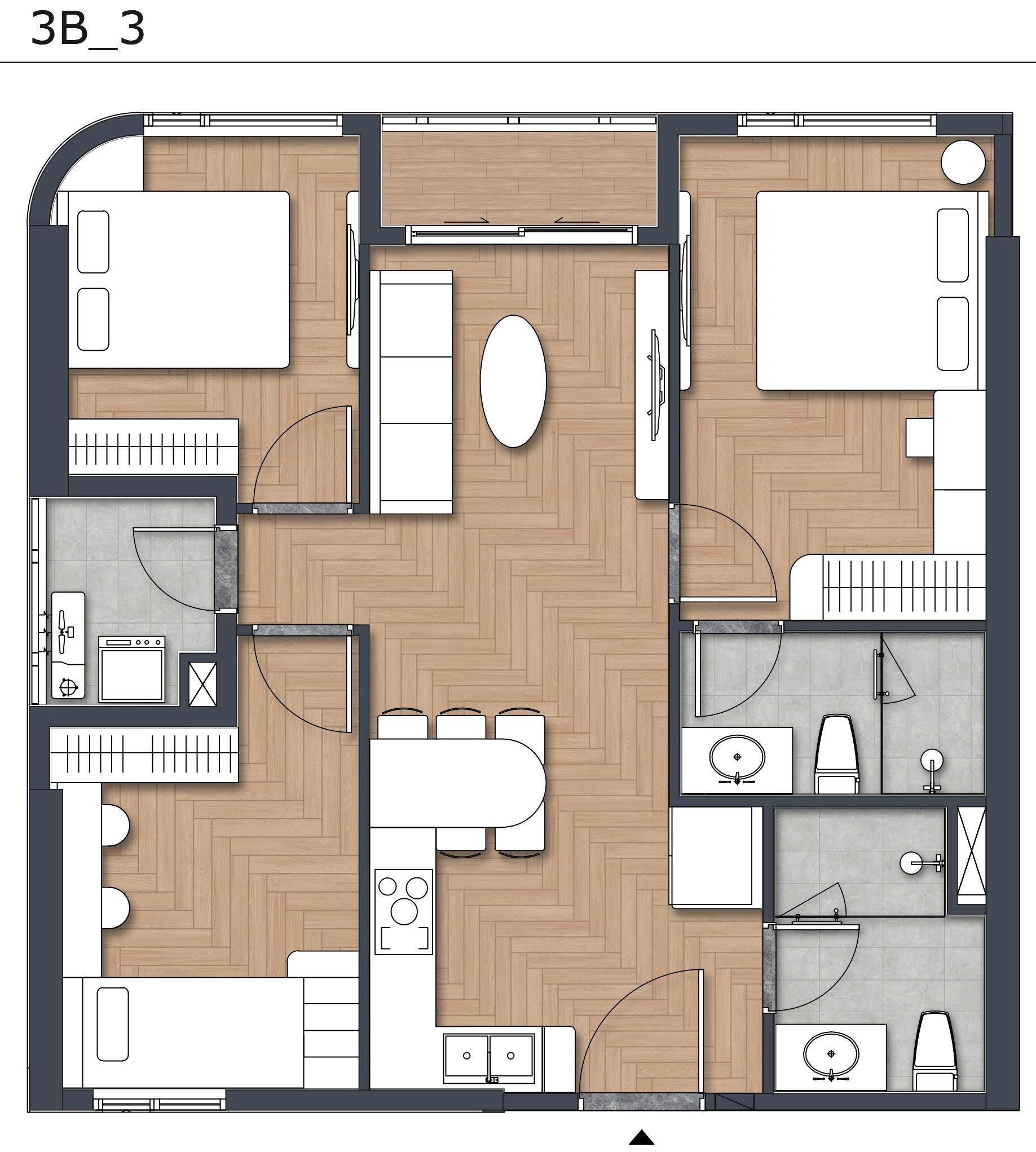 Sơ đồ bố trí layout căn hộ 3PN Green Skyline diện tích lớn 100m2