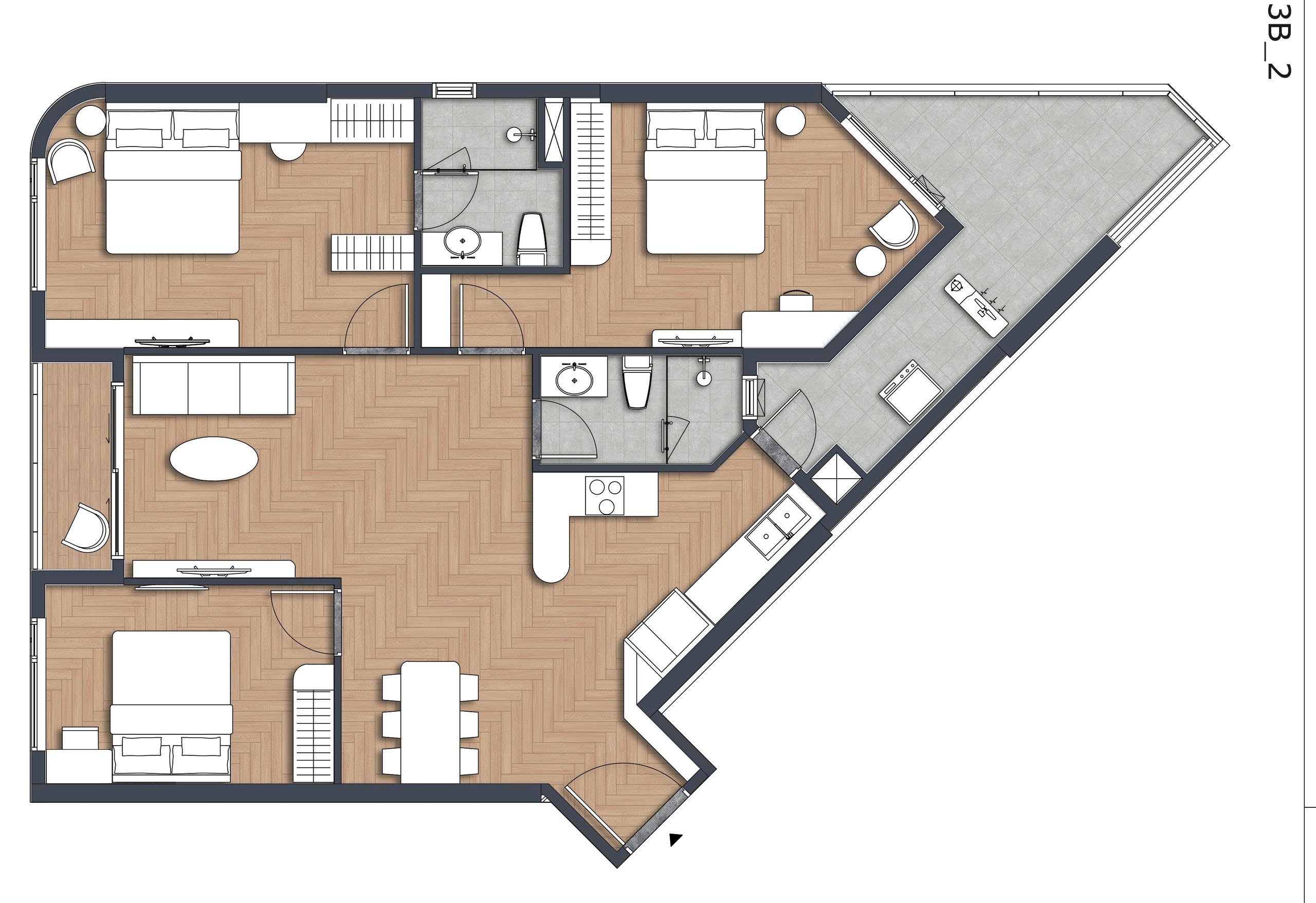 Layout thiết kế căn hộ 3 phòng ngủ dự án Green Skyline view thành phố