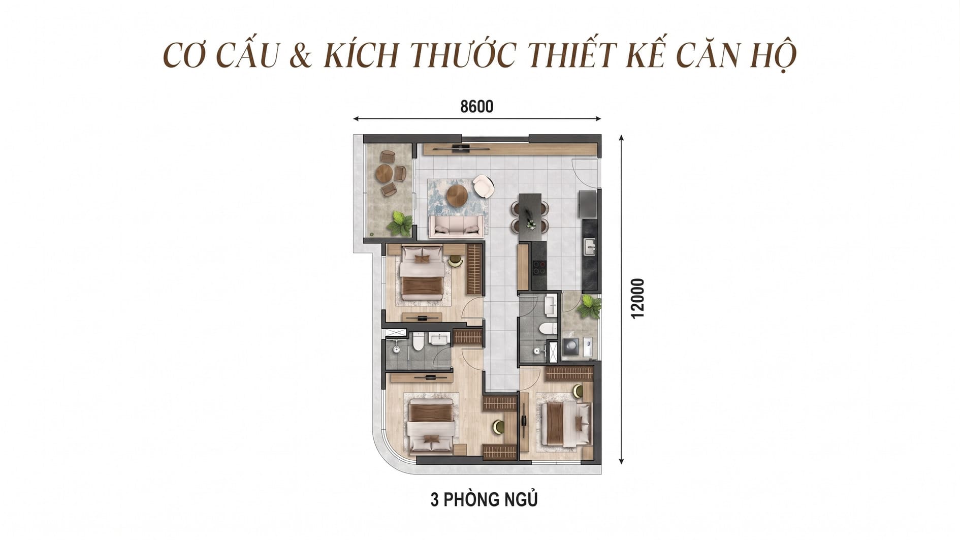 Mặt bằng căn hộ 3 phòng ngủ The Emerald River Park diện tích 83-84 m2